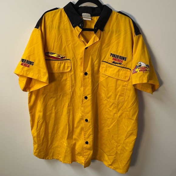 Vintage Other - Y2K POKER RUNS AMERICA men's yellow black embroidered button down shirt, XL.